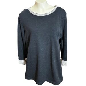 Fresh Produce Black Knit Crew Neck 3/4 Sleeve Top with Trim Size L